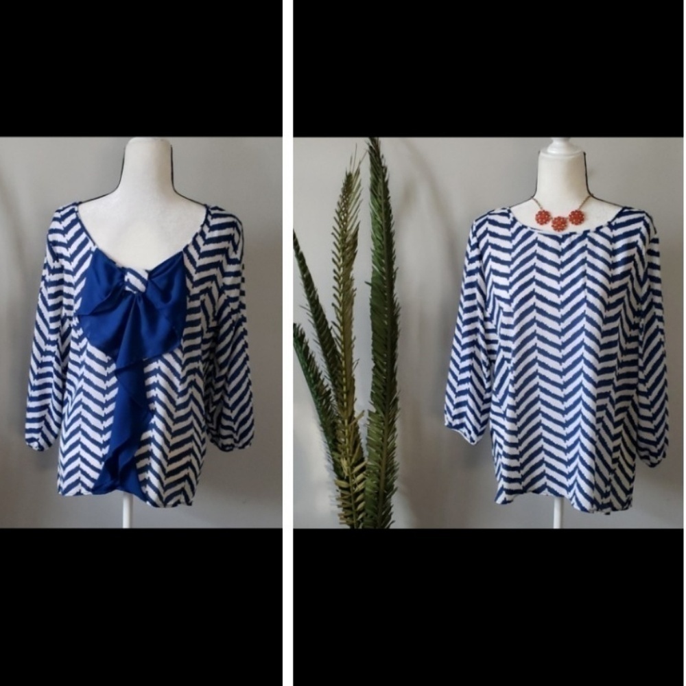 My Michelle 3/4 sleeve blue chevron blouse with bow accent back